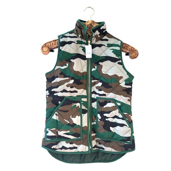 J. Crew Vest Camo Green Quilted Puffer Oversized Outerwear Preppy NWT xxs - Picture 1 of 8
